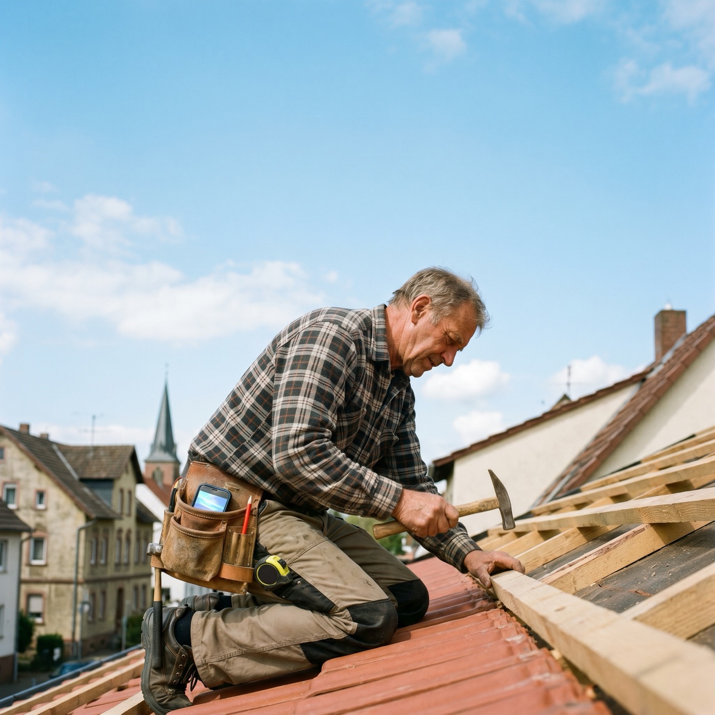 Dachdecker mit Handy im Gürtel